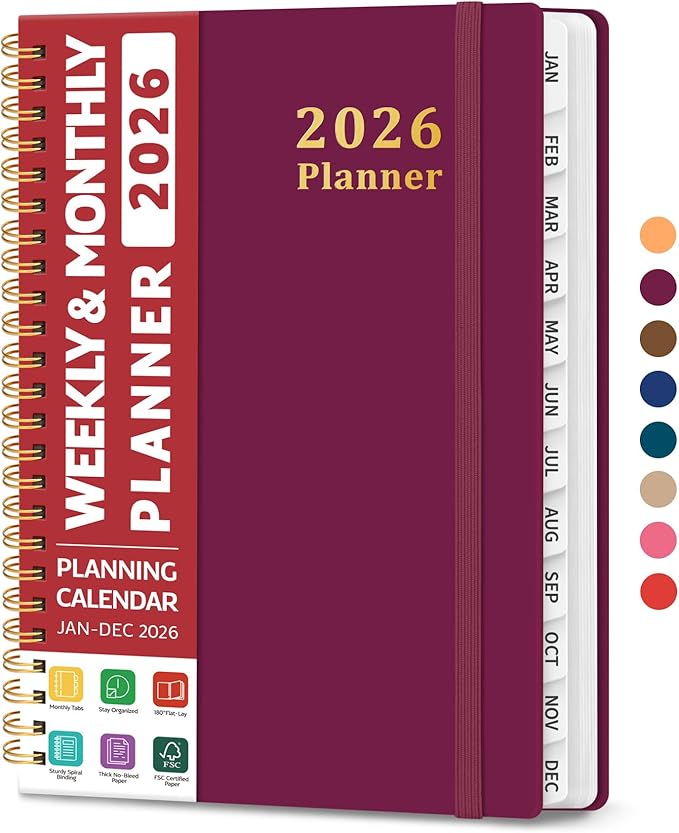 2026 Planner, Weekly and Monthly Calendar Planner, January 2026 - December 2026, Hardcover 2026 Calendar Book with Tabs For Women & Men, Inner Pocket, Spiral Bound, Perfect for Office Home School Supplies - A5 (6.3" x 8.5"), Crabberry Red