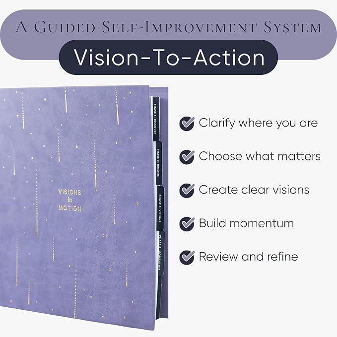 Manifestation Journal & Vision Board Kit Guided Journal | Self Improvement & Goal Planner with Habit Tracker for Self Care | Undated Vegan Leather Hardcover | Visions in Motion Portable Vision Board (Purple)