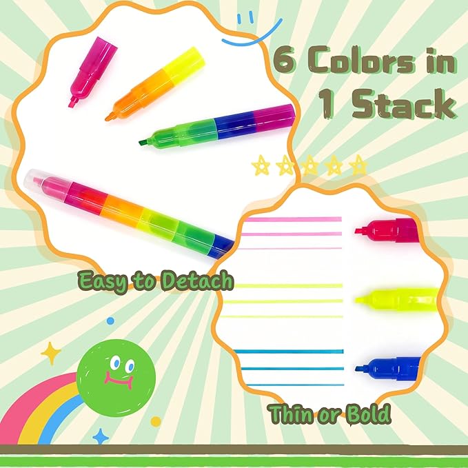 NLR FUN Stackable Rainbow Highlighters for Kids, 6 Colors x 7 Pieces Fluorescent Markers, Portable Coloring Pens for School, Art & Party Favors