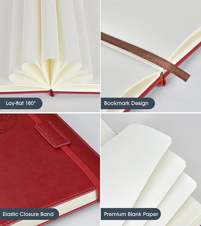 Biuwory Blank Journal Notebook for Women Men, Hardcover Leather Sketchbook 5.7"×8.3", 160 Pages Unlined Sketch book for Drawing, Writing, Travel, School & Work,Journaling Notebooks(Winered)
