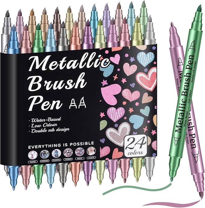 Prudiut 24 Pack Metallic Markers Set, Dual Tip Paint Pens for Crafts, Acrylic Markers for Black Paper & Rock Painting, Holiday Crafts & Valentine's Day Gift for Artist, Scrapbooking Supplies