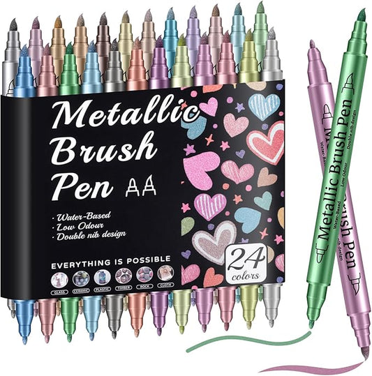 Prudiut 24 Pack Metallic Markers Set, Dual Tip Paint Pens for Crafts, Acrylic Markers for Black Paper & Rock Painting, Holiday Crafts & Valentine's Day Gift for Artist, Scrapbooking Supplies