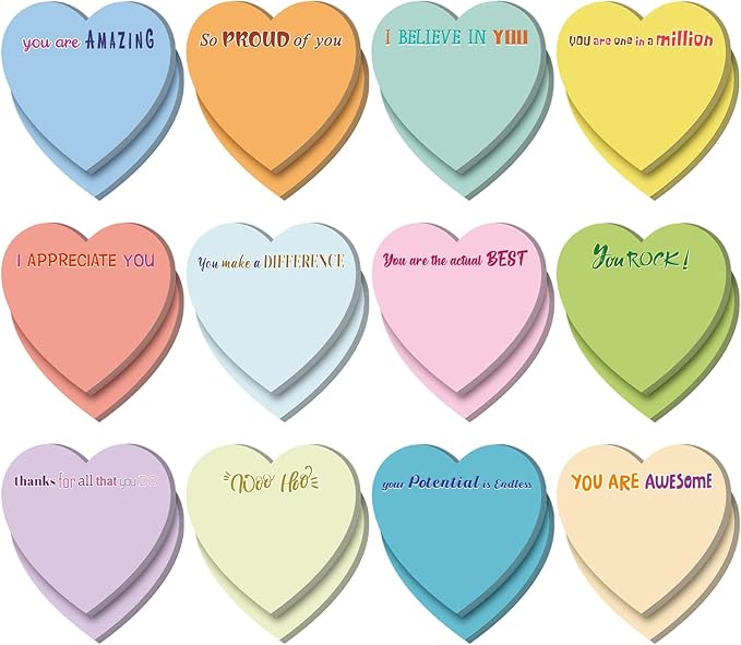 Teling 24 Pack Valentine's Day Sticky Notes Heart Shape Sticky Notes 3 x 3 Inch Appreciation Notepads Bulk Cute Memo Pads for Galentines Party Gifts School Office Supplies (Pastel)