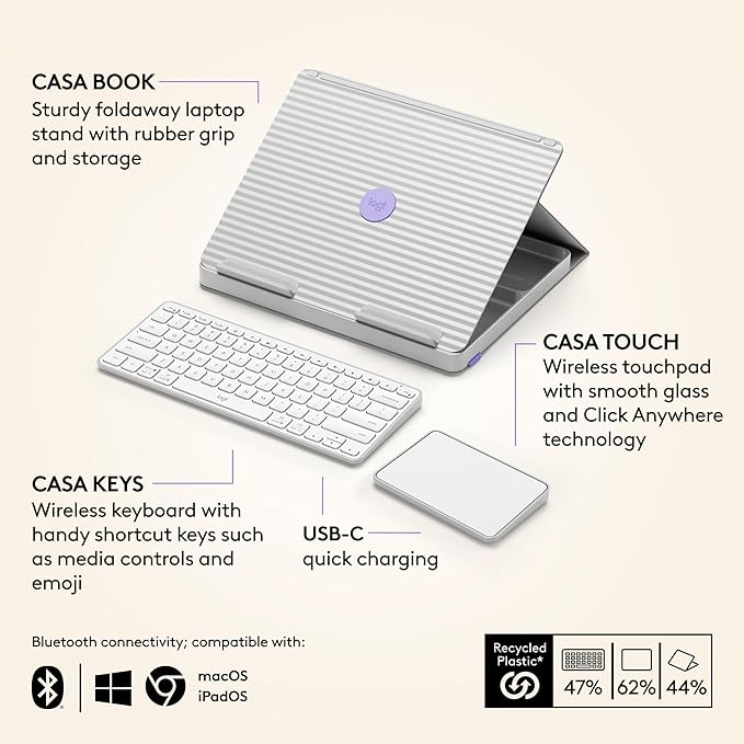 Logitech Casa Pop-Up Desk Work From Home Kit with Laptop Stand, Wireless Keyboard & Touchpad, Bluetooth, USB C Charging, for Laptop/MacBook(10” to 17”), Windows,macOS,ChromeOS - Nordic Calm,Tan/Purple