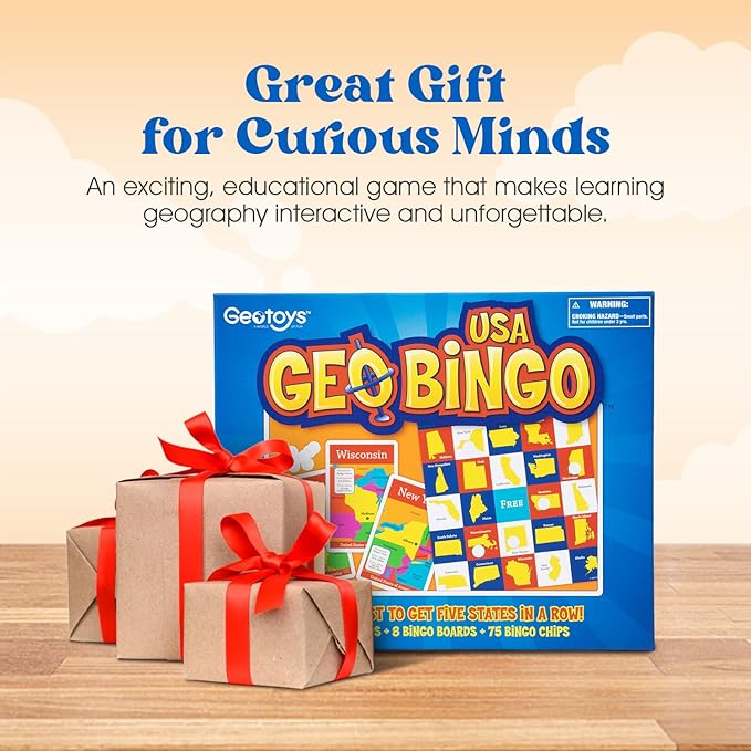 GeoToys GeoBingo, USA Bingo for Kids Ages 4 and Up, Geography Game for Home, School or Camp - Fun Bingo Games for Family, Play and Learn States and Capitals of The USA