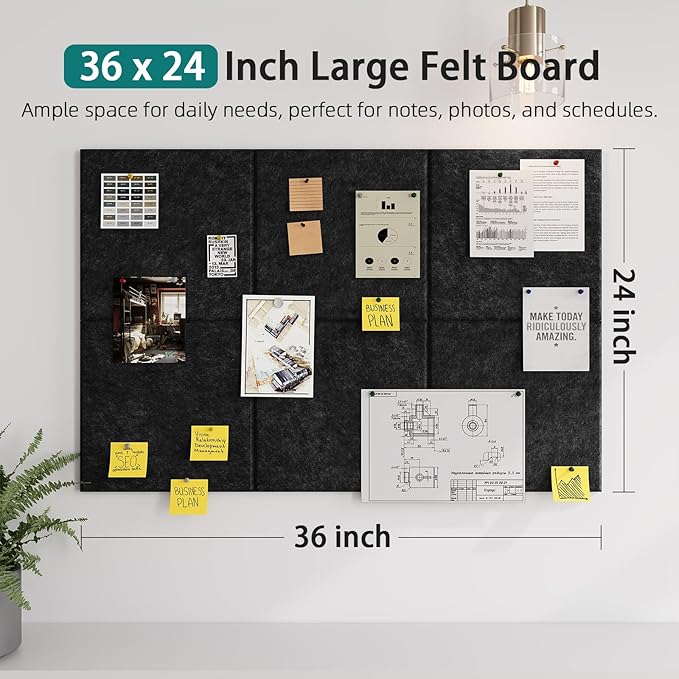 Felt Cork Board for Wall: Extra Large Bulletin Board for Office - 0.5 Inch Thick Corkboard Tiles 6 PCS Black Pin Board Squares Adhesive