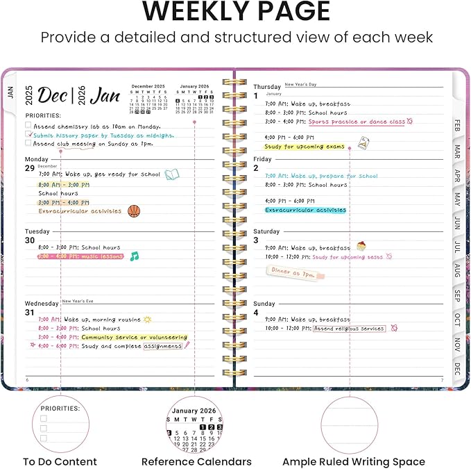 2026 Planner, Weekly and Monthly Calendar Planner for Women, Jan 2026 - Dec 2026, Hardcover Planning Agenda book with Tabs, Spiral Bound, Inner Pocket, Perfect for School Office Supplies, 6.3" x 8.5" - Twilight Bloom