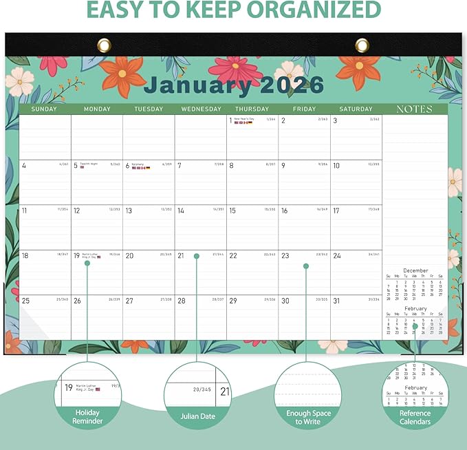 2026 Desk Calendar, Monthly Desk Pad Calendar, Jan 2026 - Jun 2027, Large Size 17"x12" Table Planner with Protect Paper, Stickers, Office Supplies and Desk Accessories for Women (Flower-E)