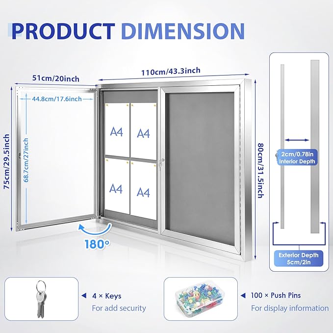 SWANCROWN Weather Resistant Enclosed Bulletin Board Gray Fabric Displays Boards Wall Mounted Notice Board with Aluminum Frame,43x31 inches
