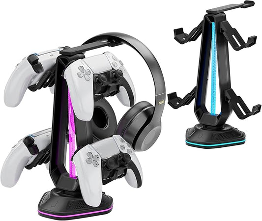 Saitake RGB Controller Holder with 9 Light Modes,Controller Stand with 2 USB Ports,Headset Stand for Desk-Headphone Holder Suitable for All Headphones and Controllers