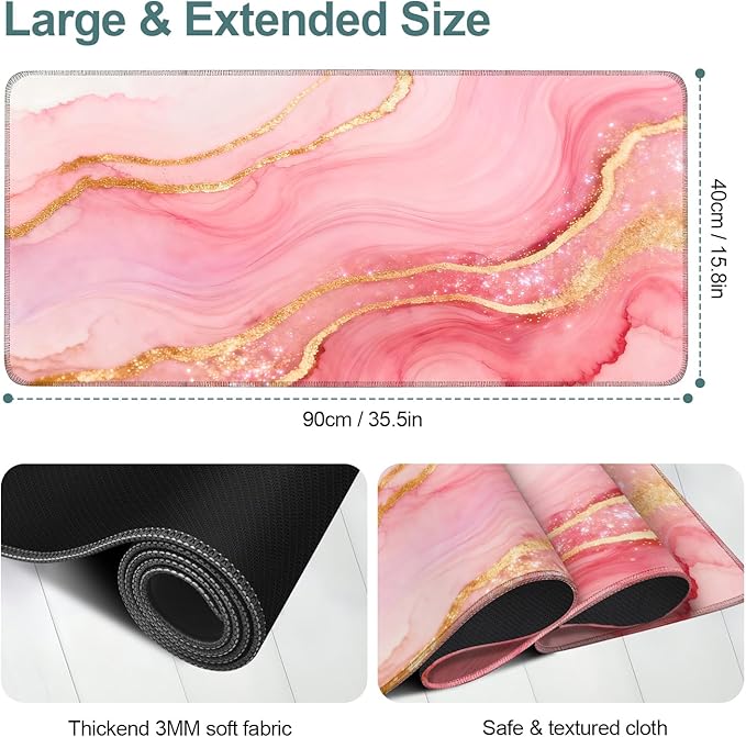 Extended Gaming Mouse Pad Large Desk Mat Anti-Slip Rubber Base & Durable Stitched Edges for Gamers Smooth Mouse Writing Surface for Desk Office/Home (Pink and Gold Stripes, 35.4x15.7Inch)