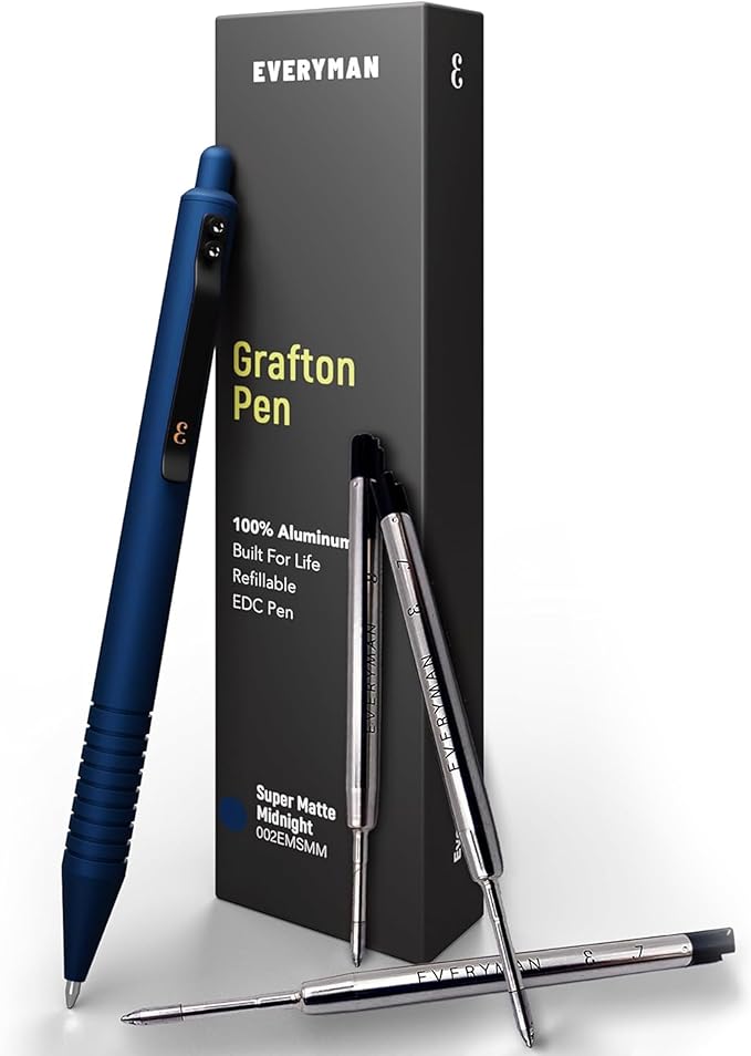 Everyman Midnight Super Matte Grafton Pen & Refill Set | Refillable Metal 0.7mm Gel Pen with 3 Smooth Black Ink Refills | Premium EDC Writing Tool for Office, Work, Travel & Gifting