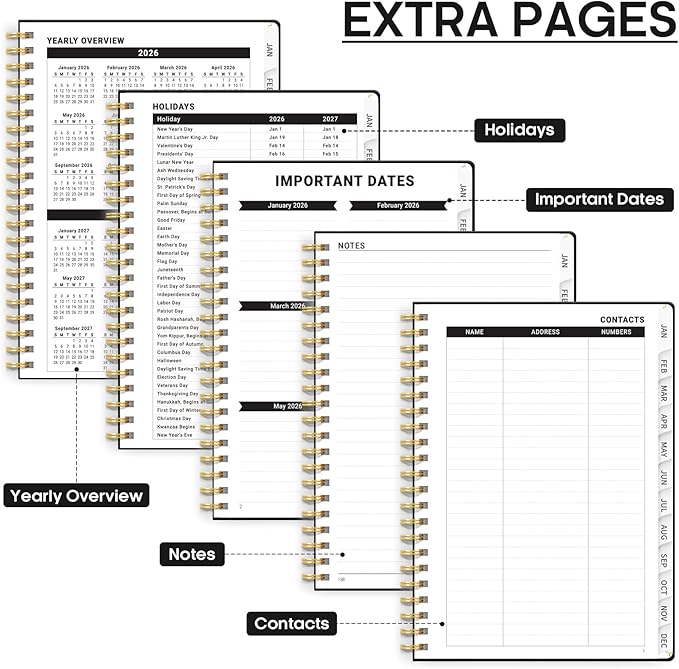 2026 Planner, Weekly and Monthly Calendar Planner, January 2026 - December 2026, Hardcover 2026 Calendar Book with Tabs For Women & Men, Inner Pocket, Spiral Bound, Perfect for Office Home School Supplies - A4 (8.5" x 11"), Black