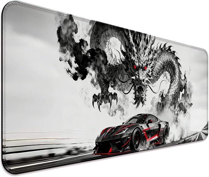 Gray Dragon and Cool Sport Car XL Large Desk Mat, Extended Long Desk Pad for Gaming and Office, Non-Slip Rubber Base, Comfortable Surface Mouse Pad, 31.5x11.8 in (H19)