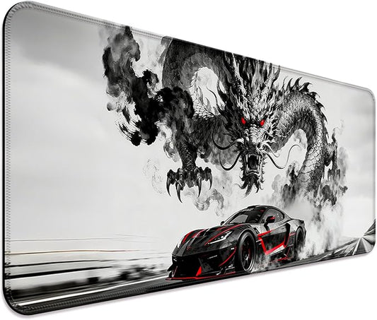 Gray Dragon and Cool Sport Car XL Large Desk Mat, Extended Long Desk Pad for Gaming and Office, Non-Slip Rubber Base, Comfortable Surface Mouse Pad, 31.5x11.8 in (H19)