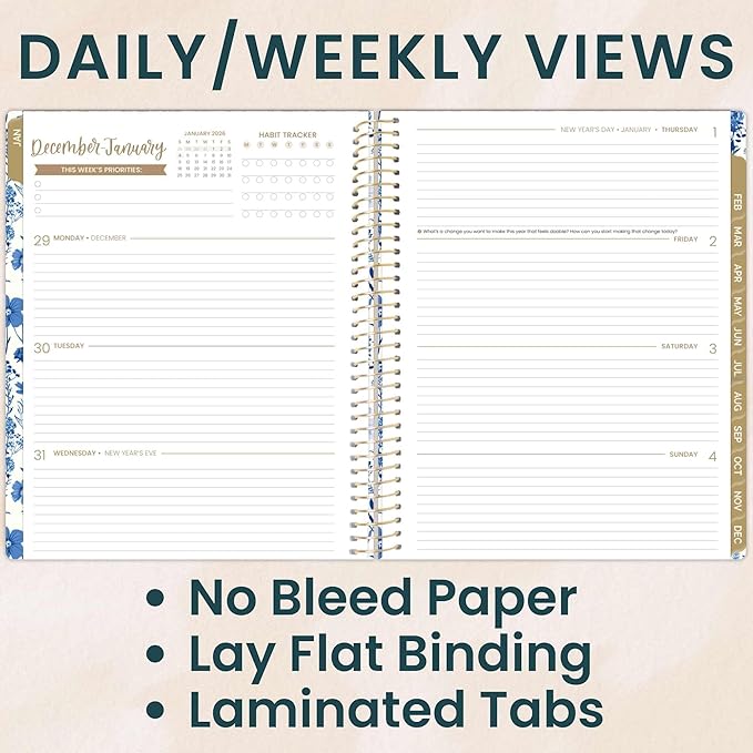 bloom daily planners 2026 Planner (January to December) - 8.5” x 11” Weekly & Monthly Dated Agenda Organizer Book with Stickers & Tabs - Flexible Soft Cover - Blue & White Floral