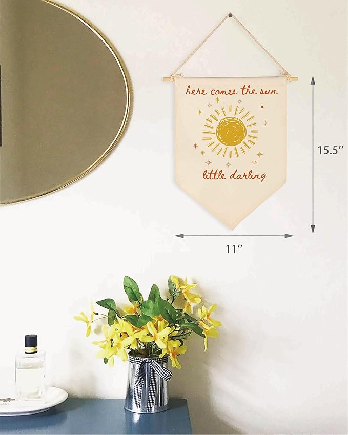 Here Comes the Sun Dear-Sunshine Canvas Banner Flag Sign Wall Decor Gift for Boy Girl Kids Nursery Baby Room Above Crib Bedroom Playroom Door-Positive Quote,Baby,Shower Birthday Christmas Gift