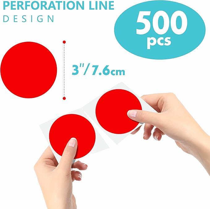 500 PCS Round Red Color Coding Circle Dots Inventory Stickers Labels with Perforation Line in Roll (3" in Diameter)