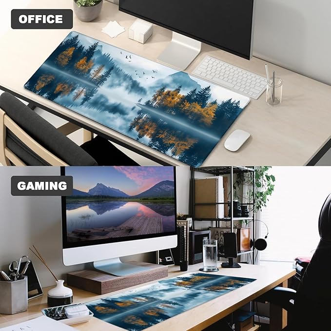 Mountain Lake Gaming Mouse Pad – 12x31.5in Non-Slip Rubber Desk Mat with Autumn Forest Misty Landscape Design – Large Extended Mousepad for Office Home – Deskmat Gifts for Nature Lover Decor