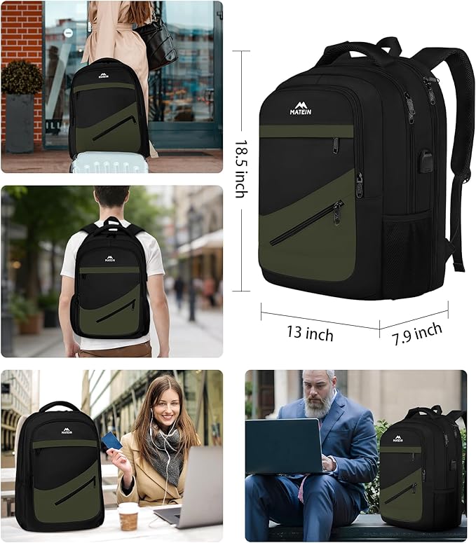 MATEIN 17 Inch Laptop Backpack for Work, Airline Approved Carry On Travel Backpack with USB Charging Port and Luggage Strap, Water Resistant College Computer Daypack Gifts for Men Women, Black Green