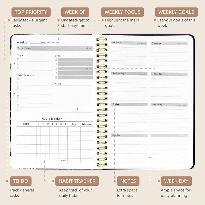 Weekly Planner Undated - 52 Weeks To Do List Notebook A5 for Work: Weekly Task, Habit Tracker Journal, Goal Setting, Agenda Sprial Bound Organizer Book Women Cute Stylish Design, Blue Flower