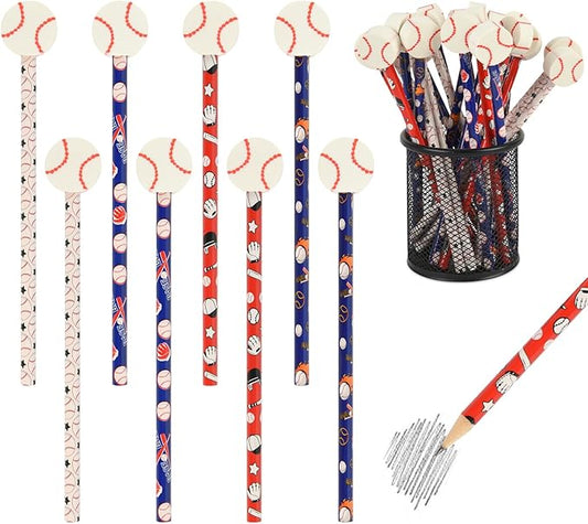 48 Pcs Baseball Pencils and Erasers for Birthday Gifts Baseball Favors Assortment Stationery Pencils for Office School Supplies Classroom Rewards.