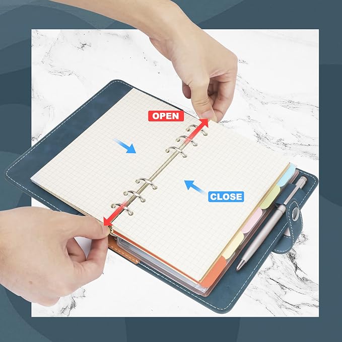 FYY A6 Binder Refillable Planner Notebook 6 Ring PU Leather Binder Journal with Pockets, Dividers, Refill Paper Navy