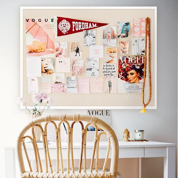 Miratino Large Bulletin Board 48x36 inch with Linen Cork Boards Wall Decor Hanging Pin Wood Framed Display Bulletin Cork Photo Picture Board Light for Room School Office 30-Pushpin White