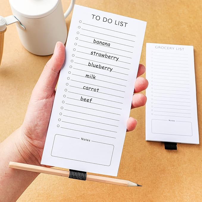 Sinmoe 2 Pcs Magnetic Notepad for Refrigerator Grocery List Magnet Notepad Fun Memo Note Pad Fridge To Do List with Pen Holder for Shopping Grocery Task, 3.5 x 7.5 Inch, 100 Sheets(Grocery List)