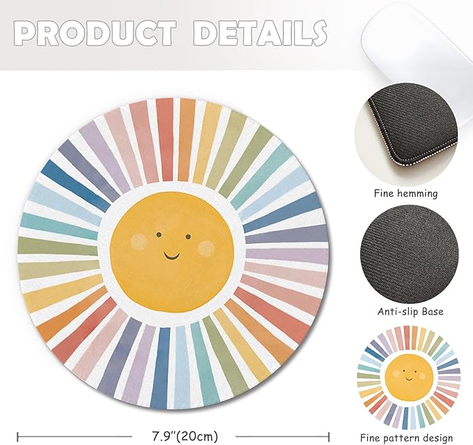 Boho Colorful Sunshine Rainbow Mouse Pad, Cute Sunshine Mouse Pads Mousepad for Desk Home Office Dorm Computers Laptop, Boho Office Supplies Desk Accessories, 7.9x7.9 Inch