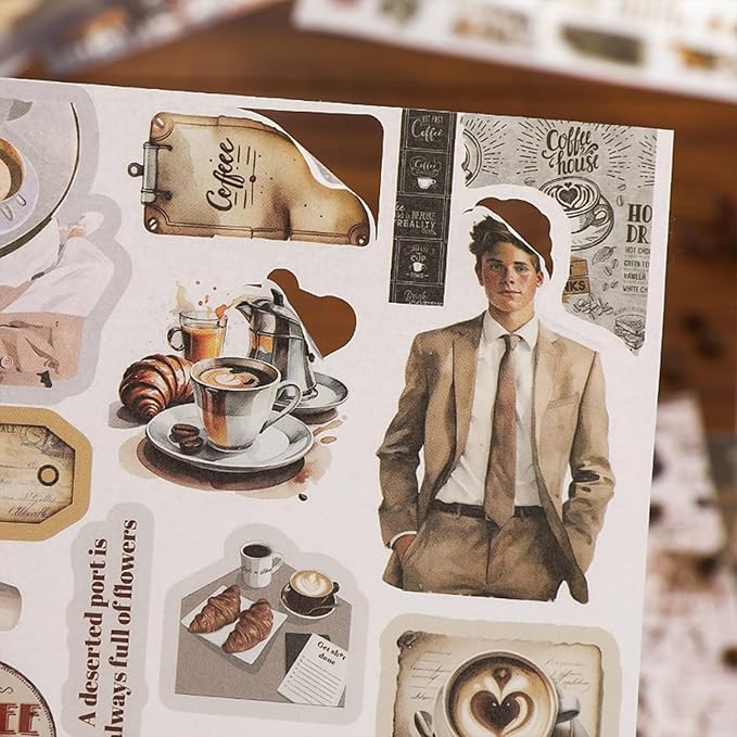 Pre-Cut Washi Sticker Book with 500+ Scrapbooking Stickers and 20 A5 Scrapbook Papers, Aesthetic Coffee and People Stickers for Journaling, Junk Journal Supplies for Adults Card Making, Art Crafts