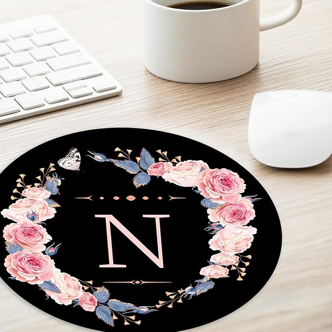Letter N Black and Pink Flowers Round Mouse Pad - Non-Slip Rubber Base, Home Office Decor Desk Accessories, 8.7-Inch