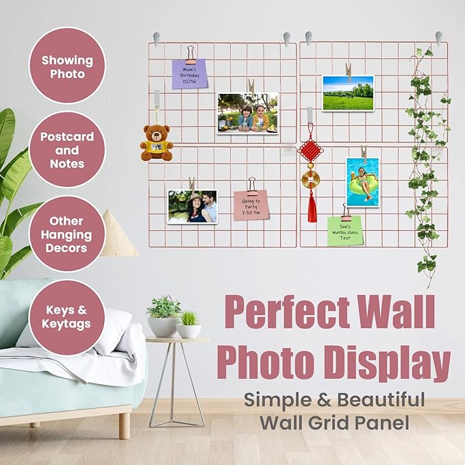 Metal Grid Wall Panel Rose Gold, Wire Grid Photo Display Organizer, 17.3"×11.8" Wire Board Grid Wall, Grid Picture Frame, 4-Pack Wire Mesh Memo Board with Clips and Hooks