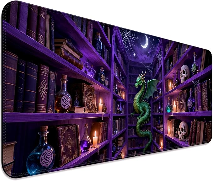 Fantasy Magic Bookshelf and Dragon XL Large Desk Mat, Extended Long Desk Pad for Gaming and Office, Non-Slip Rubber Base, Comfortable Surface Mouse Pad, 31.5x11.8 in (H26)