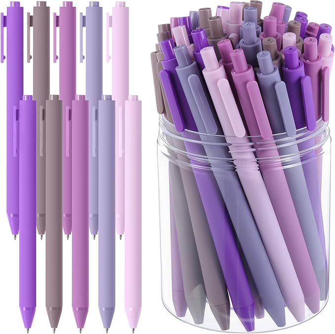Crtiin 50 Pcs Gel Ink Pens Bulk, Black Ink 0.5mm Fine Point Retractable Pen Smooth Writing Office Supplies for Teacher Server Nurse Valentine Galentine Gift (Purple Series)