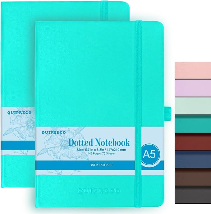 2Pack Bullet Dotted Journal Hardcover Notebook, A5 140 Pages 120Gsm Thick Paper for School,Note Taking,Work,Diary，5.7''*8.3'',Turquoise