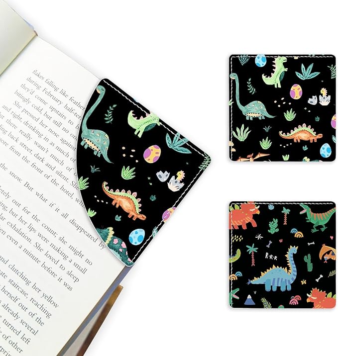 2 Pack Cute Dinosaur Leather Book Corner Bookmark, Durable Handmade Reading Accessories - Gifts for Readers, Women, Men, Teachers, Students