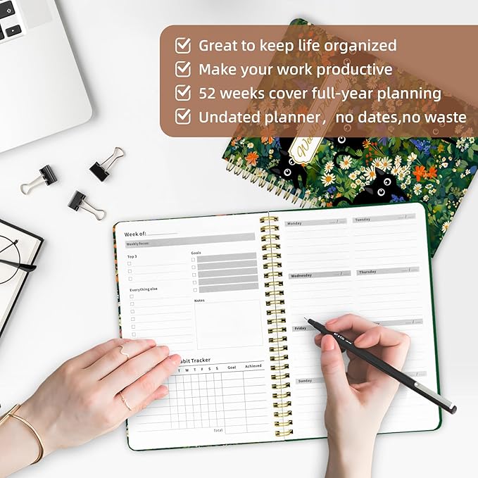 Weekly Planner Undated - 52 Weeks To Do List Notebook A5 for Work: Weekly Task, Habit Tracker Journal, Goal Setting, Agenda Sprial Bound Organizer Book Women Cute Stylish Design, Cat Garden