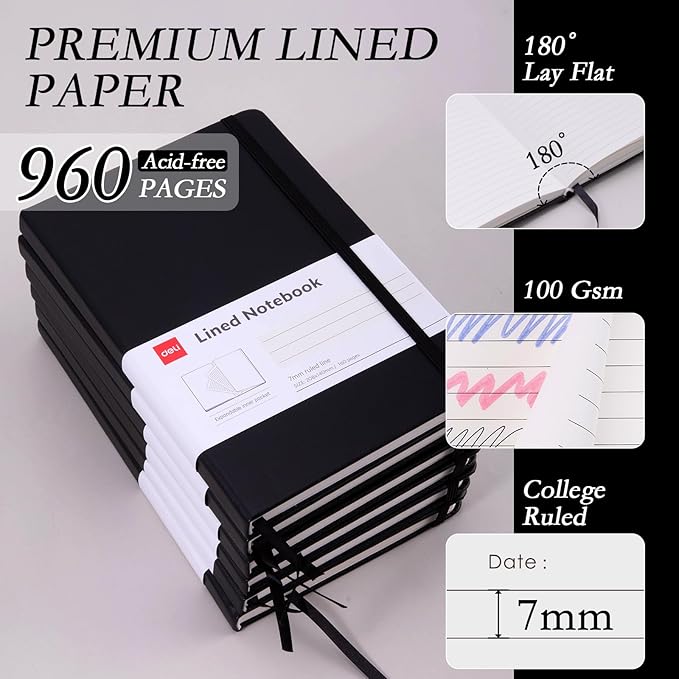 deli 6 Pack Black Lined Journal Notebook for Work, Moleskine Notebooks, A5 (5.5"x8.3"), 160 Pages Hardcover Journaling Notebooks, Black College Ruled Notebooks for Notes-taking/Work/Travel