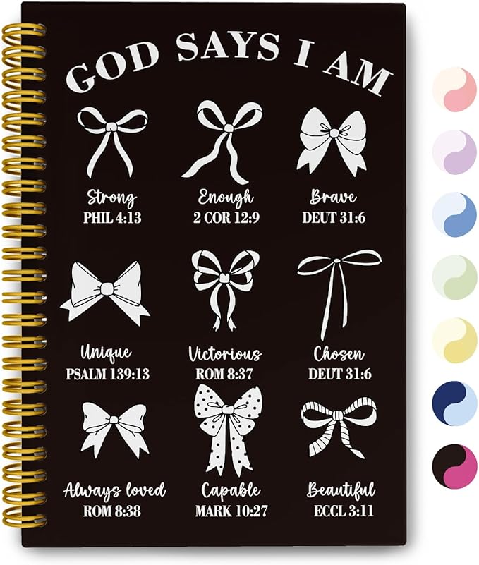 THDSE Bible Journal for Women, Christian Prayer Journal Notebook Gifts for Teen Girls Kids, Bible Study Supplies, Cute Bows Church Faith Journaling Hardcover Spiral Notebook 5.5 X 8.3(Black)