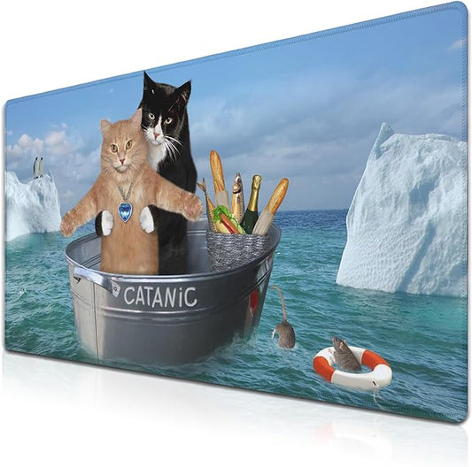 XXL Mouse Pad - Funny Cats Desktop Computer Mat, Large Desk Pads, Non-Slip Rubber Base Waterproof with Stitched Edges, 35.4" X 15.7" for Work/Game/Office/Home