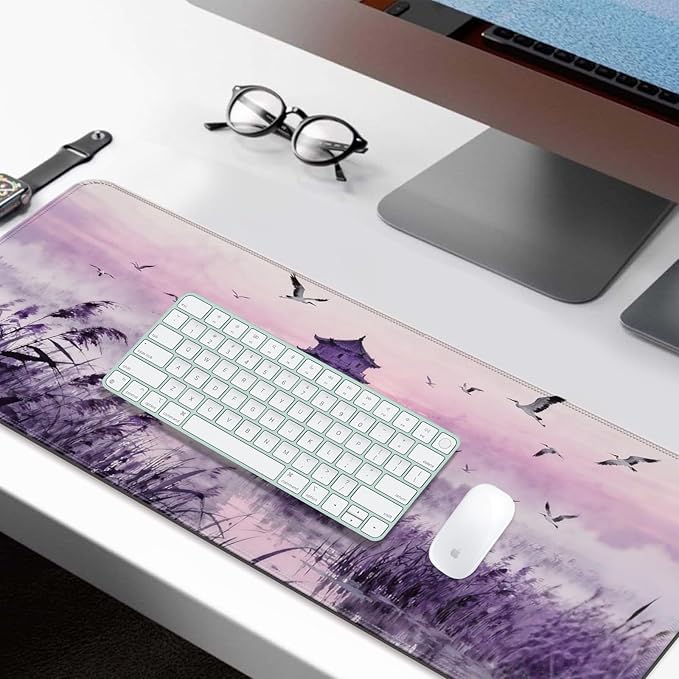 Purple Fantasy Tower and Egret XL Large Desk Mat, Extended Long Desk Pad for Gaming and Office, Non-Slip Rubber Base, Comfortable Surface Mouse Pad, 31.5x11.8 in (H25)