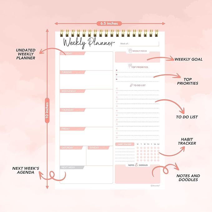 Decorably 52 Sheets Nude Pink Undated Weekly Planner Notepad Tear Off, 6.5x10in Spring-Bound Design, with Focus, Priorities, to-do list, Habit Tracker, Notes and Doodles - Home, School, Office