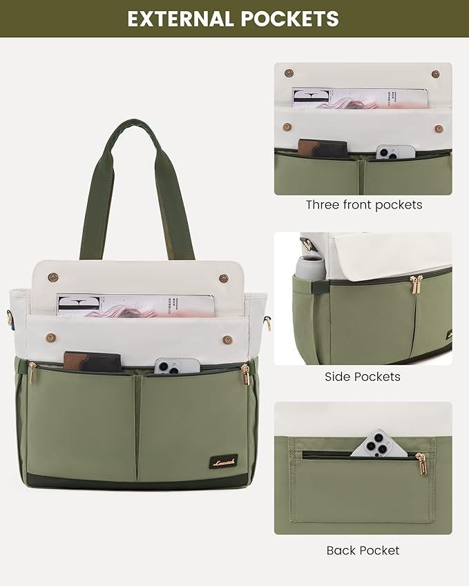 LOVEVOOK Laptop Bag for Women 15.6 Inch Canvas Laptop Large Capacity Work Bags Mutiple Pockets Teacher Bag Water Resistant Computer Bags for Business Travel Nurse, Green Beige