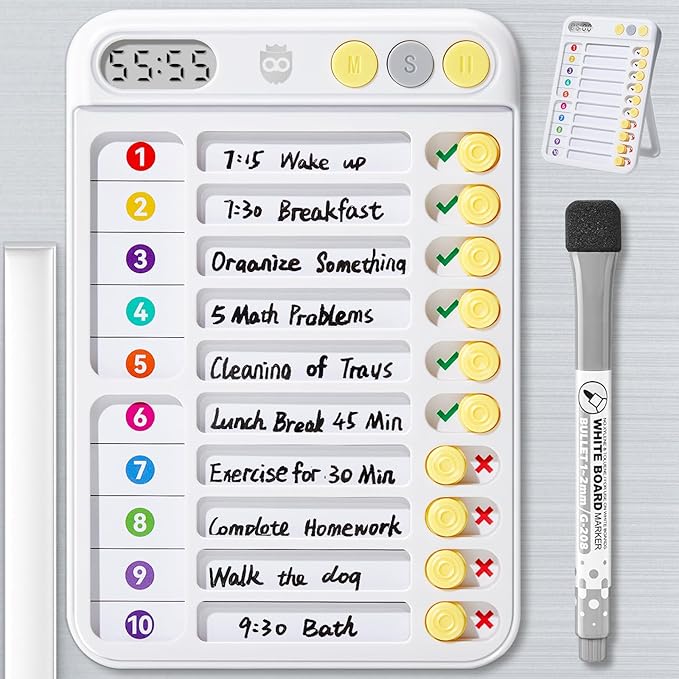 Chore Chart for Kids with Timer, ADHD Tools, Bedtime/Morning/Daily Routine Chart with 99-Min Countup/Down, Magnetic for Kids Checklist Schedule Board with Slider - White