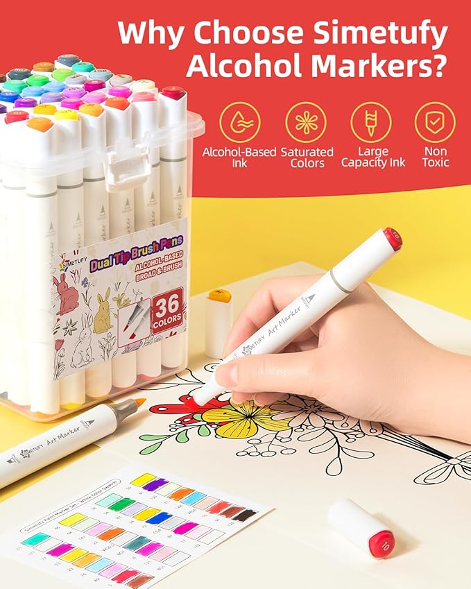 Simetufy 36 Colors Alcohol Markers Brush and Chisel Dual Tip, Coloring Alcohol Markers Set for Coloring Books Drawing Supplies, Basic Bright Colors