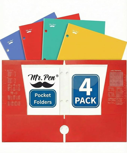 Mr. Pen- 4 Pocket Folders, 4 Pack, Vibrant Colors, 3 Hole Punched, School Folders with Pockets for 3 Ring Binder