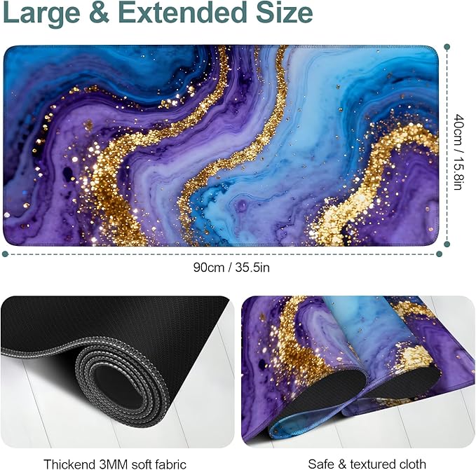 Blue and Gold Stripes Extended Gaming Mouse Pad 35.4x15.7Inch Large Desk Mat Anti-Slip Rubber Base & Durable Stitched Edges for Gamers Smooth Mouse Writing Surface for Desk Office/Home