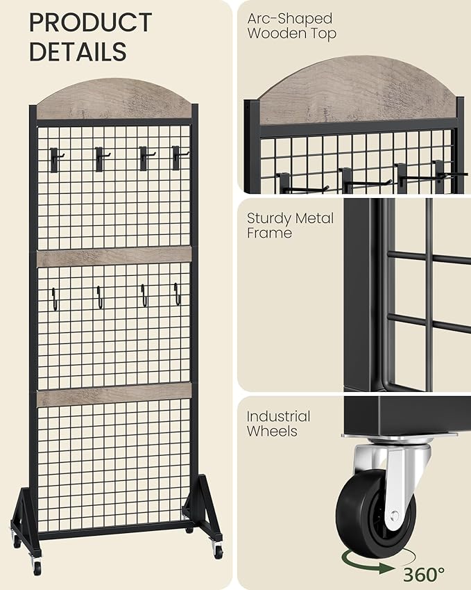 2 Packs Grid Wall Panel 5.7' x 2' FT Grid Display Rack with Wheels, Movable Gridwall Display Stand with 8 S-Shaped Hooks and 8 Garment Hooks, Floorstanding Wire Grid Rack, Greige and Black TCJ17P2BG