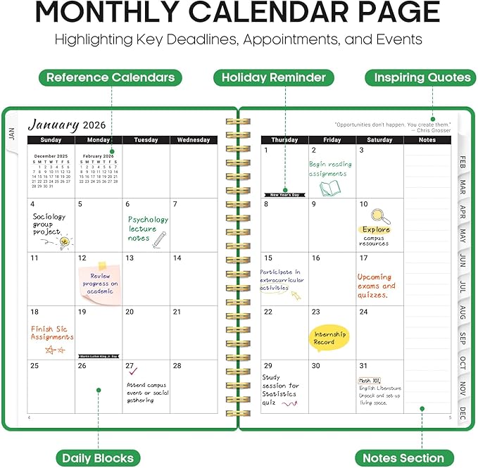 2026 Planner, Weekly and Monthly Calender Planner, Jan 2026 to Dec 2026, Hardcover 2026 Calendar Book with Tabs & Inner Pocket, Office Home School Supplies for Women & Men - A4 (8.5" x 11"), Racing Green